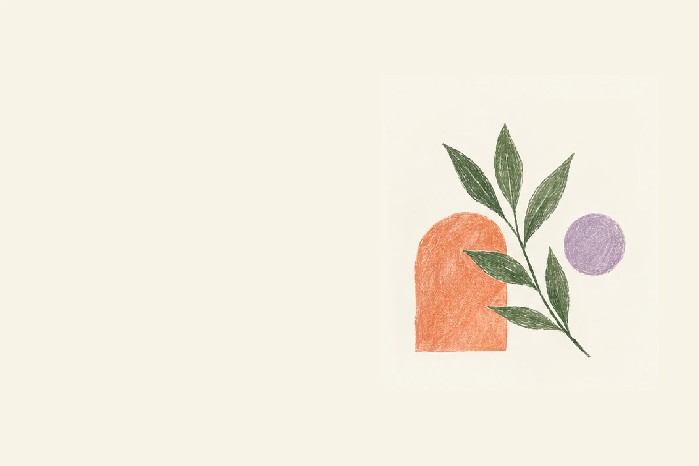 Hand-drawn terracotta arch, olive branch and lilac circle